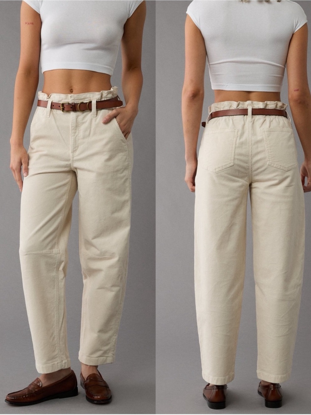 NEW American Eagle Ae Stretch Super High-Waisted Corduroy Paper Bag Barrel Pant